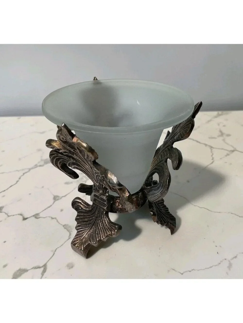 Bronze Frosted Glass Fleur de Lis Vase Candle Holder Footed French Country